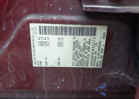 2010 Nissan Maxima 3.5 Sv z USA, uszkodzony, nr VIN 1N4AA5APTAC835271